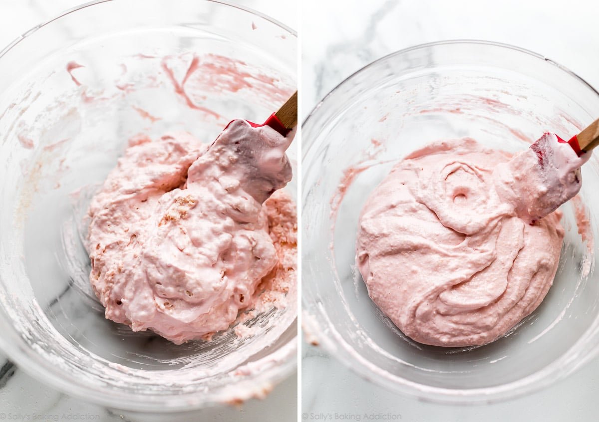 the stages of folding pink macaron batter in a glass bowl