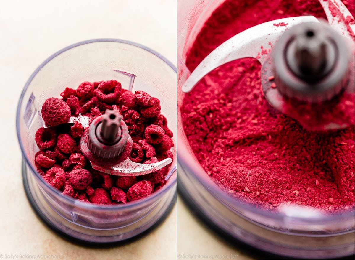 two side-by-side photos of freeze-dried raspberries in a food processor
