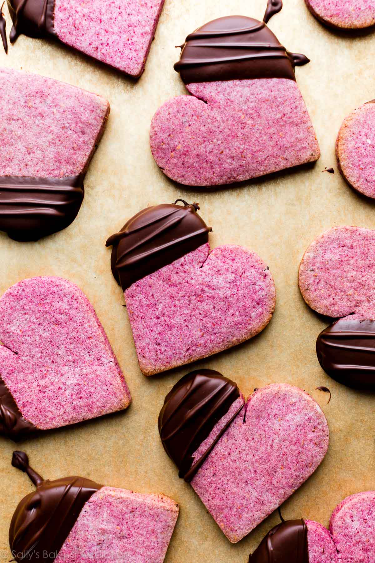 heart raspberry sugar cookies dipped into dark chocolate