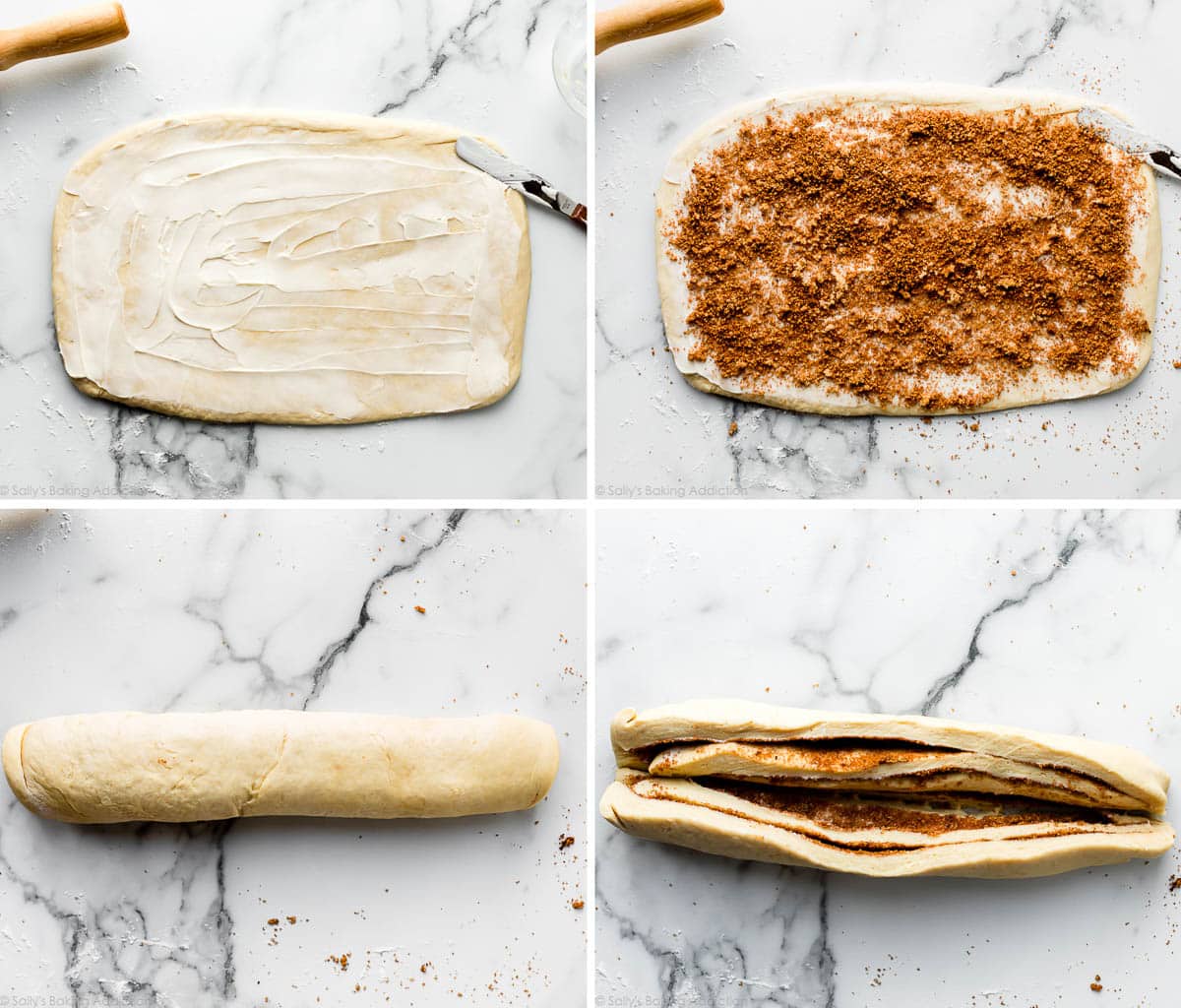 4 photos showing the shaping steps of cinnamon twisted bread