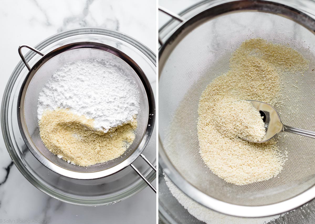 sifting confectioners' sugar and almond flour together with a fine mesh sieve