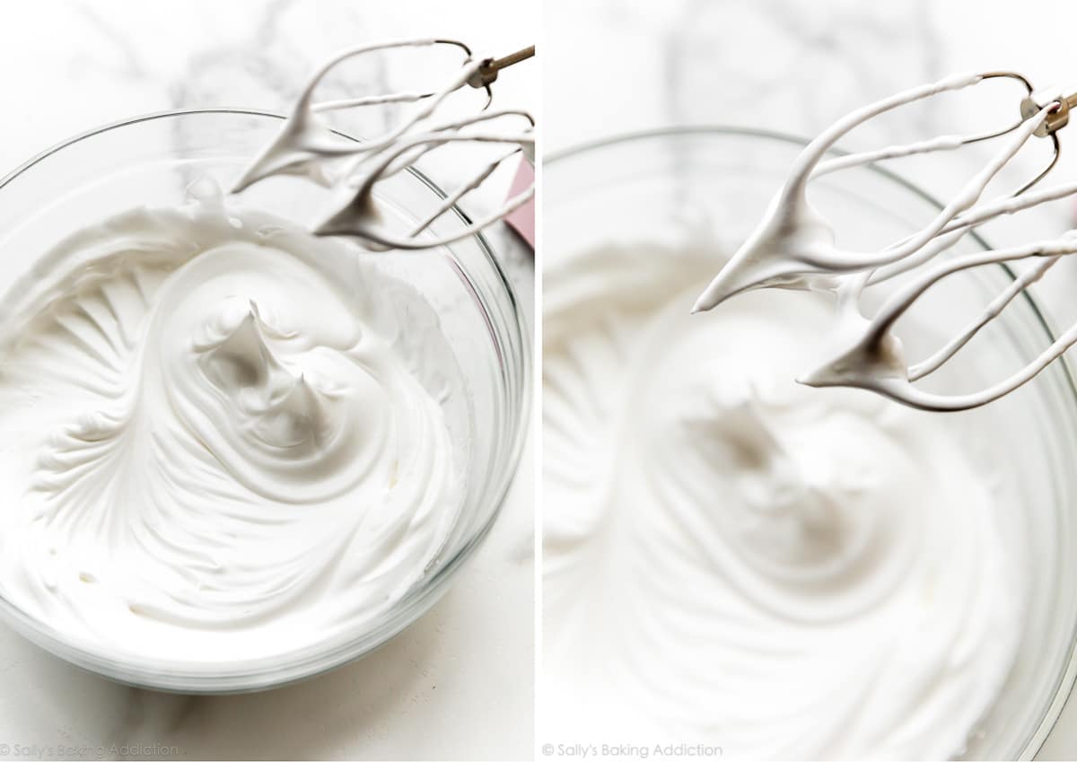 two photos showing egg whites beaten into stiff peaks