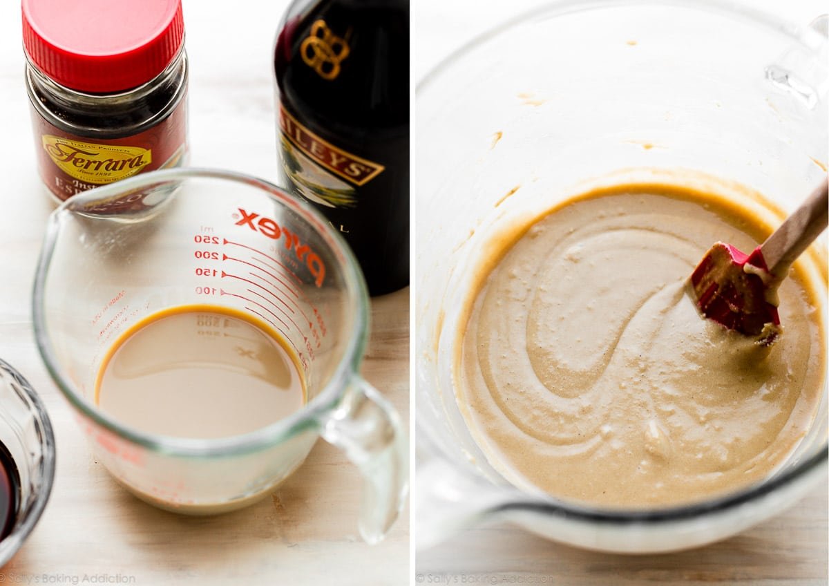 photos of Baileys Irish Cream in liquid measuring cup with a side by side photo of Baileys cupcake batter
