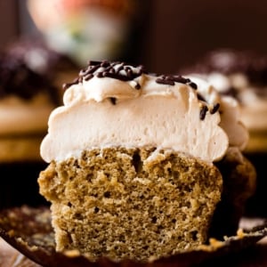 close-up photo of Baileys and coffee cupcake cut in half