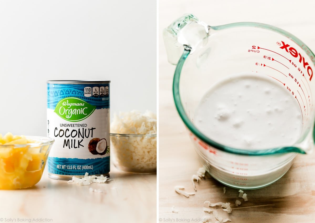 a can of coconut milk alongside another photo of the coconut milk in a liquid measuring cup