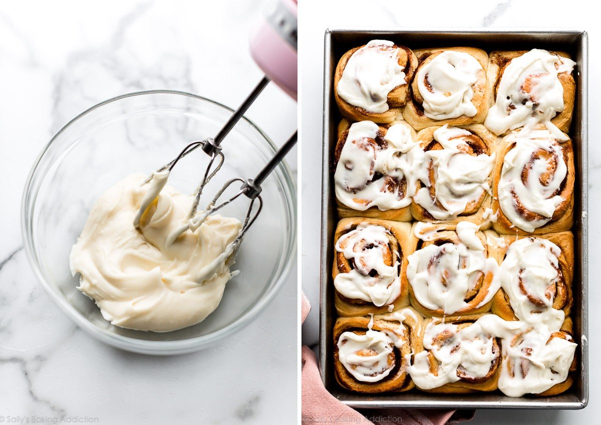 cream cheese icing in bowl next to a picture of it spread on cinnamon rolls
