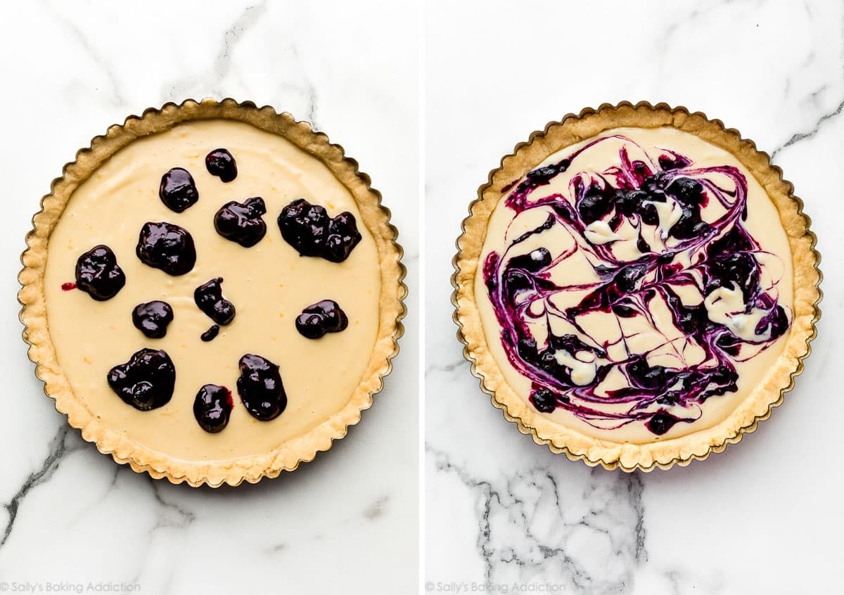 blueberry sauce swirled into a lemon filling in a tart pan