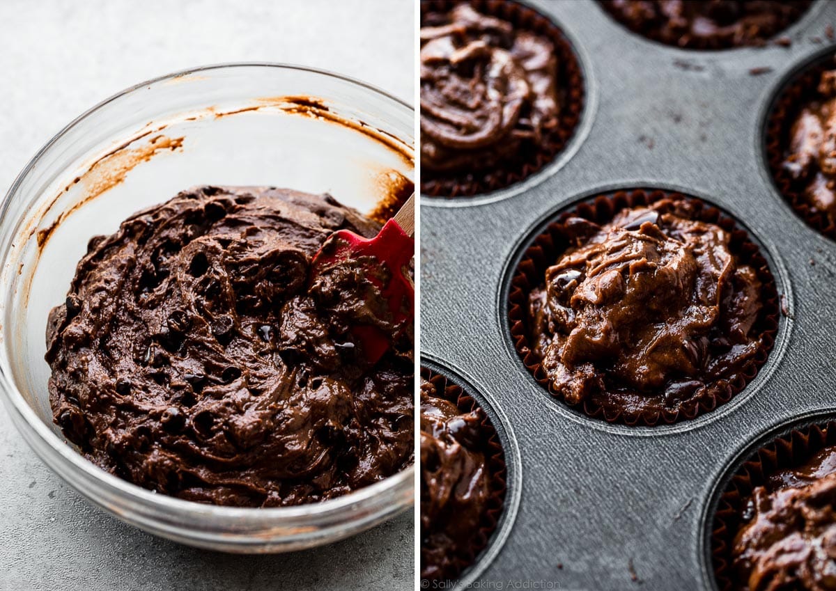 chocolate muffins batter in bowl and in muffin pan