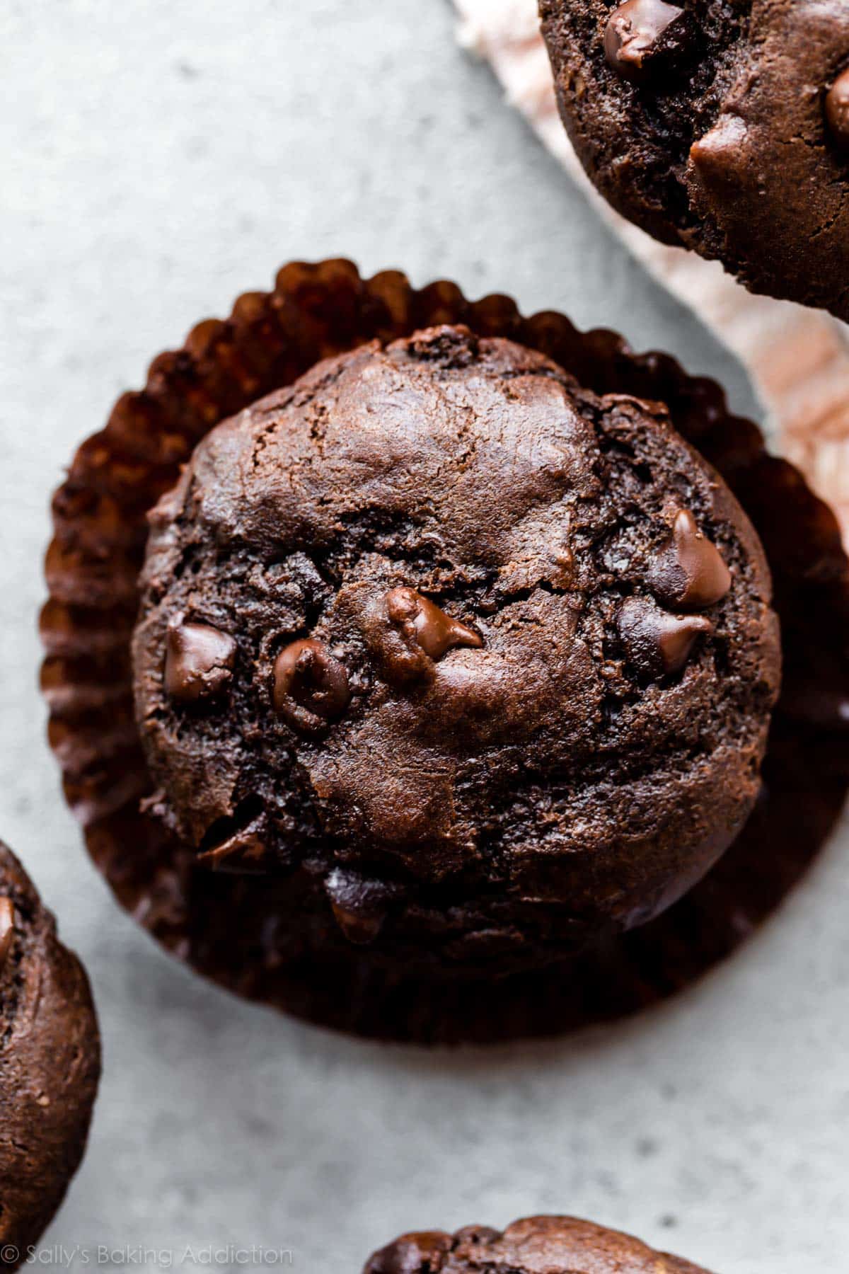 overhead photo of double chocolate muffin