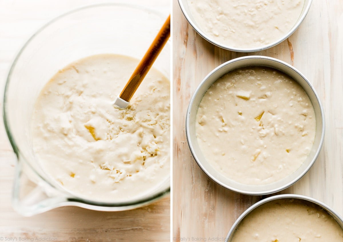 pineapple coconut cake batter in mixing bowl and in cake pans