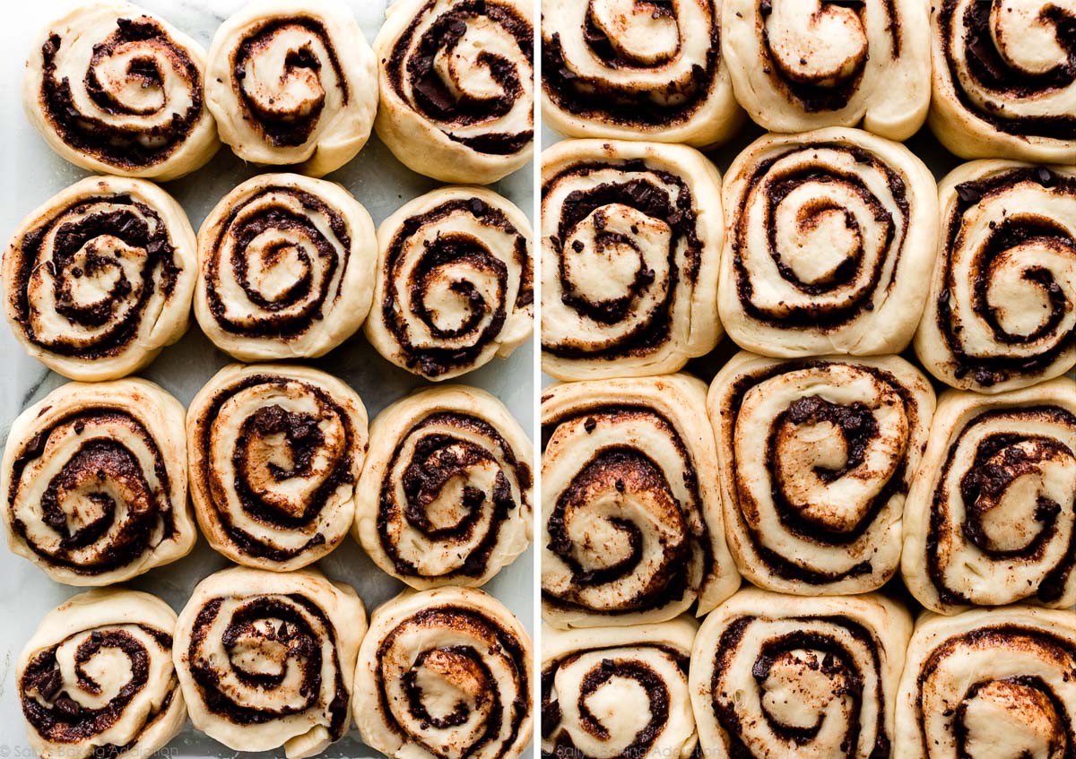 two photos showing chocolate rolls before and after rising