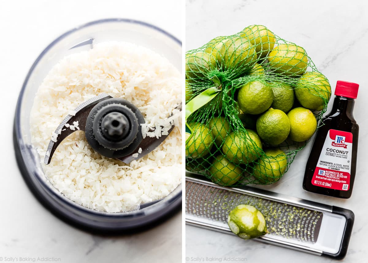 sweetened shredded coconut in a food processor next to a photo of key limes and coconut extract