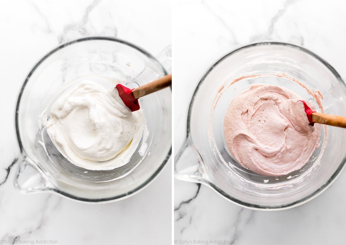 whipped cream and strawberry filling mixtures in bowls