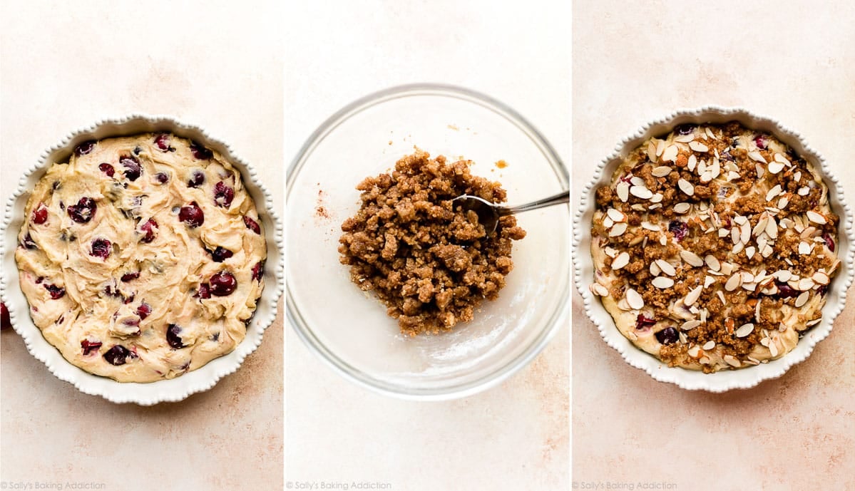 step photos showing cherry cake batter, crumb topping, and the buckle before baking