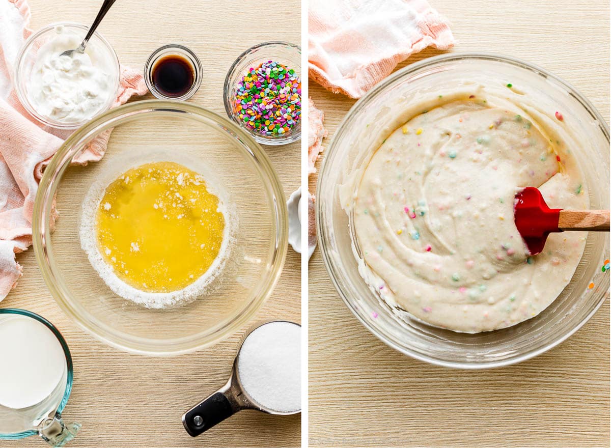 melted butter and other cake ingredients next to a photo showing the bowl of sprinkle cake batter