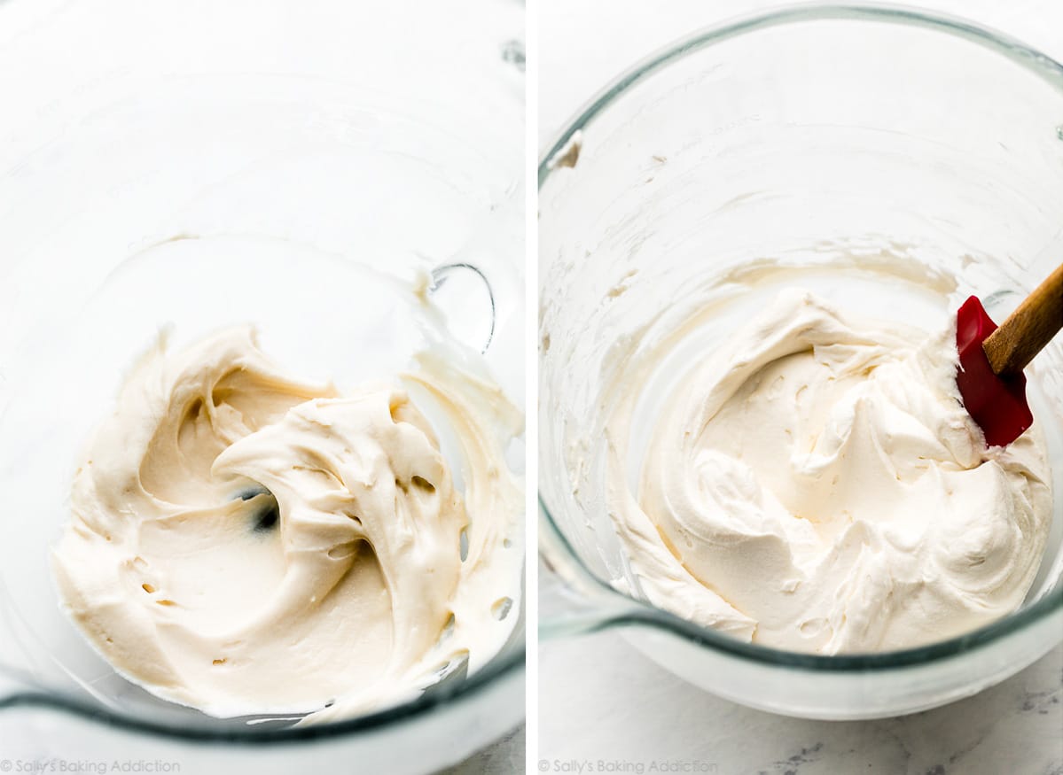 the stages of whipped cream frosting shown in glass bowl