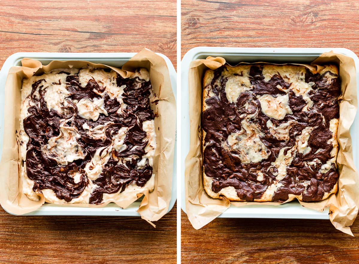 coconut brownies before and after baking