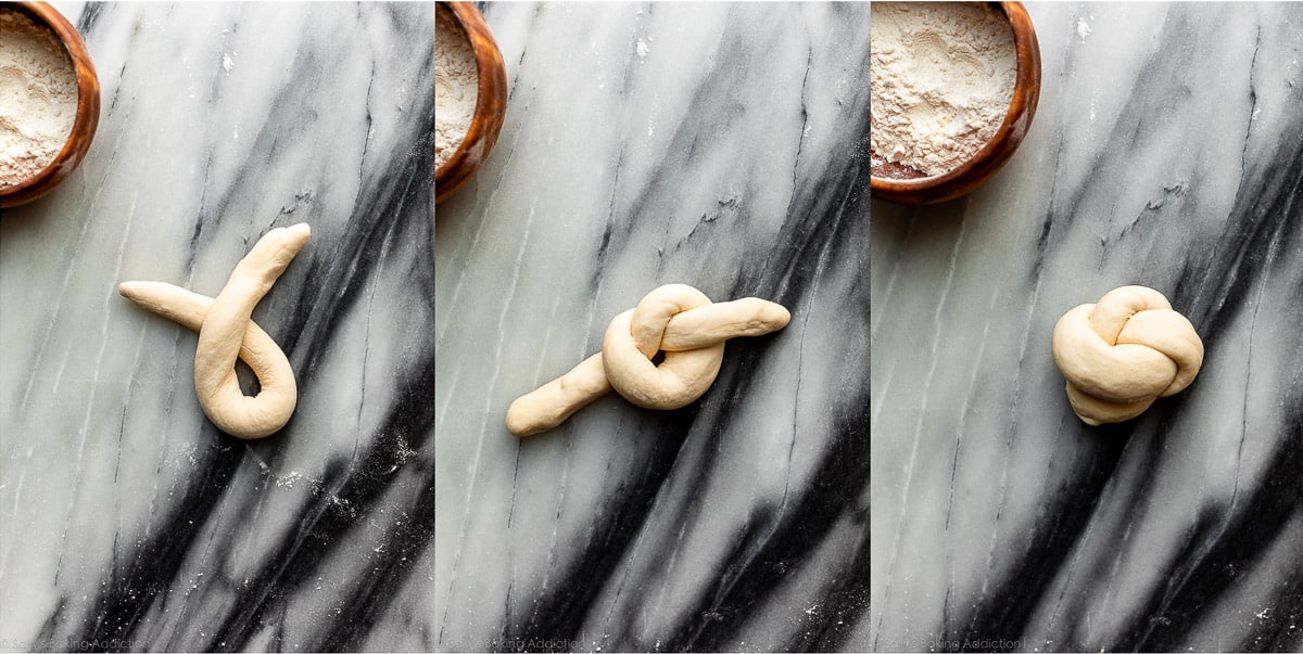 3 process photos showing shaping the dough into knots