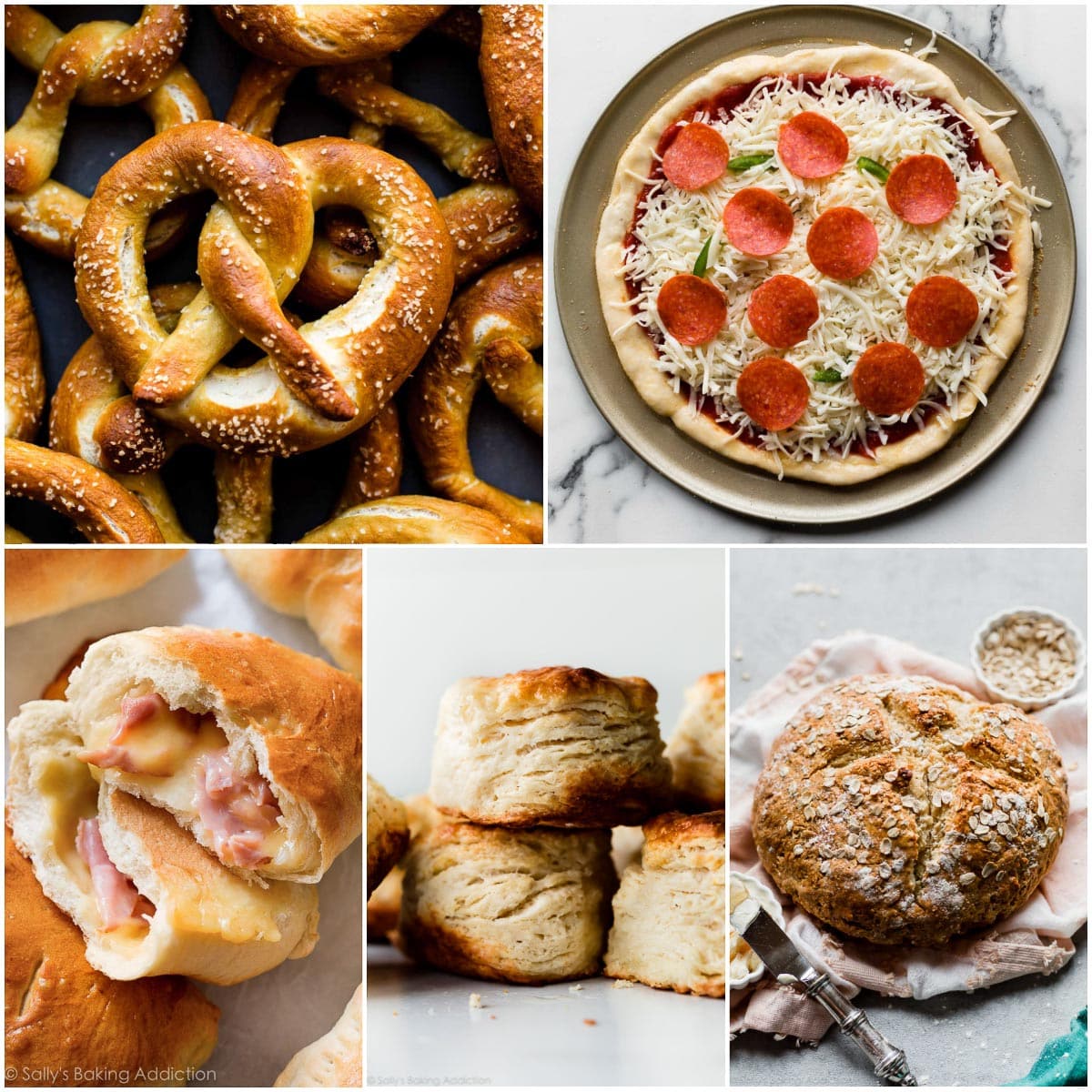 collage photo of bread recipes including soft pretzels, homemade pizza dough, biscuits, and no yeast bread
