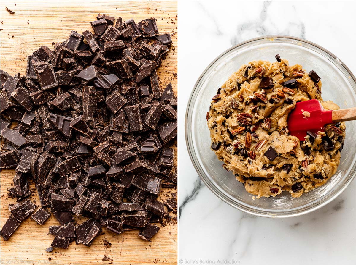 chopped chocolate bars and bowl of cookie dough with chopped chocolate and pecans mixed in