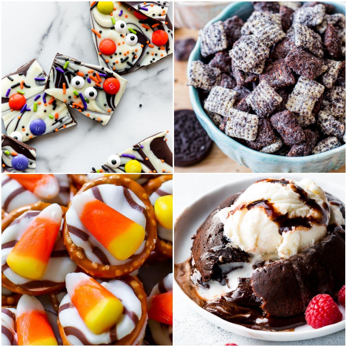 collage of easy sweet recipes including chocolate bark decorated for Halloween, Oreo muddy buddies snack mix, and lava cake