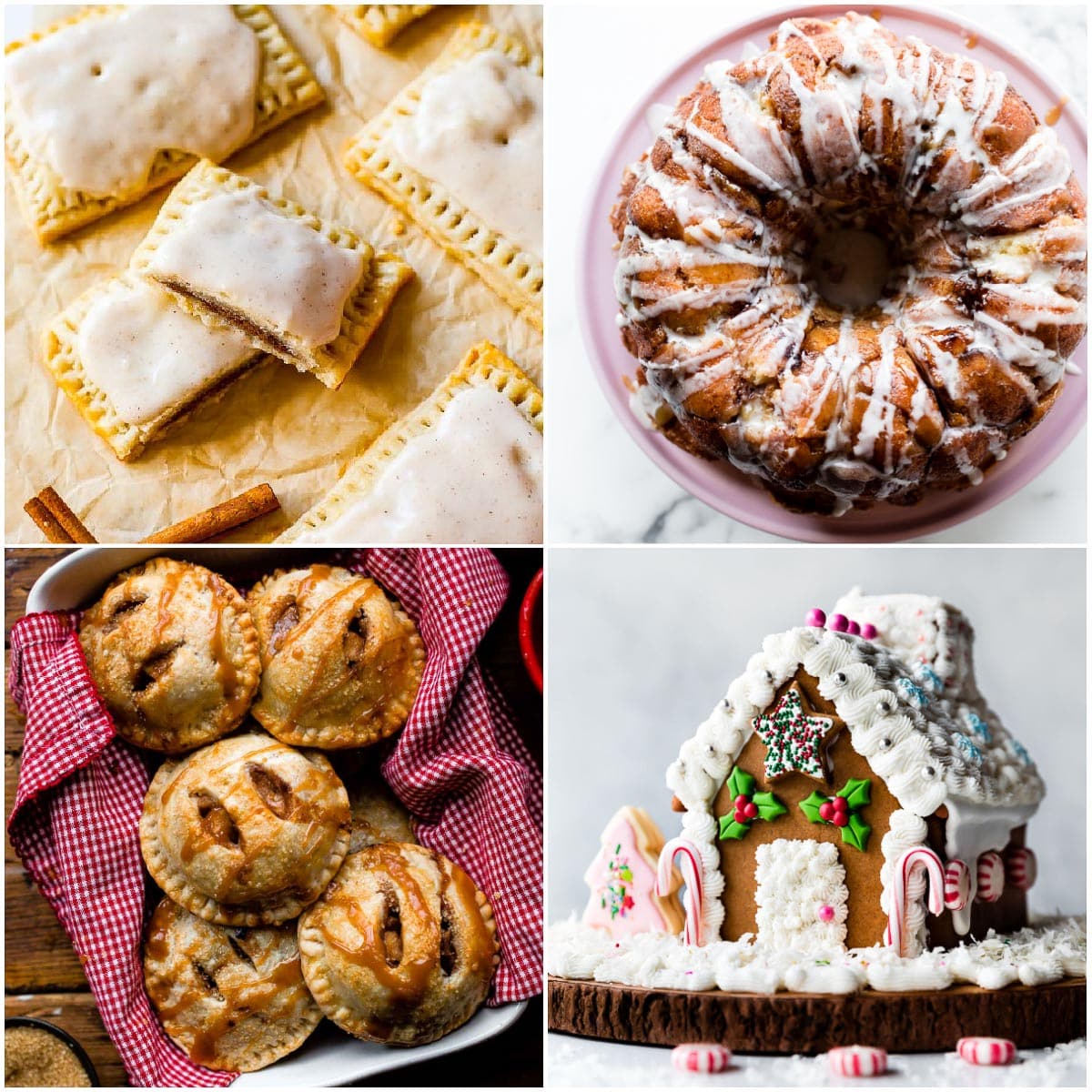 collage photo of baking recipes including homemade pop tarts, monkey bread, apple hand pies, and a gingerbread house