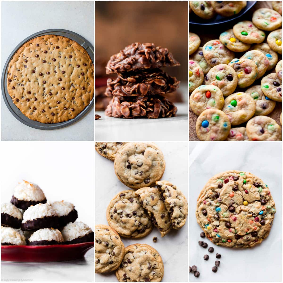 collage of cookie recipes including cookie pizza, no bake cookies, coconut macaroons, and mini cookies