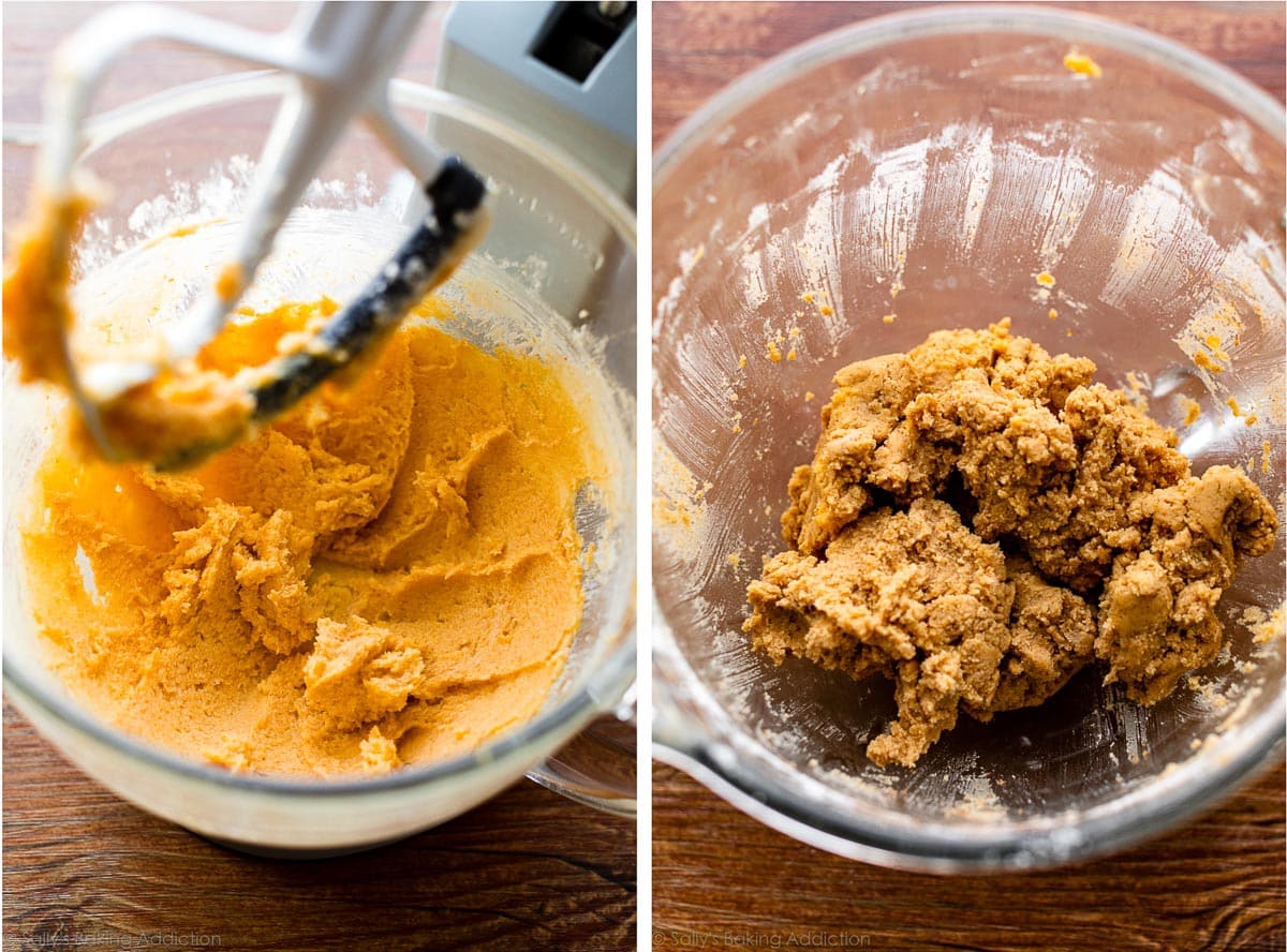 side-by-side photos showing the wet ingredients and the final dough