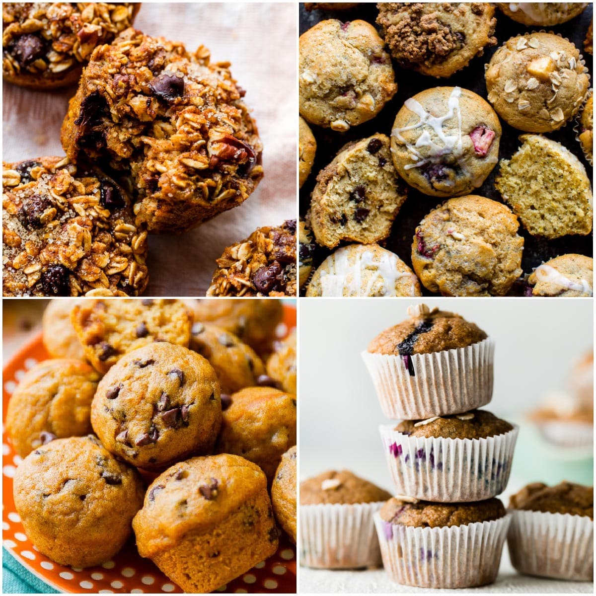 collage of muffins including baked pumpkin oatmeal muffins, pumpkin chocolate chip muffins, and baby banana muffins