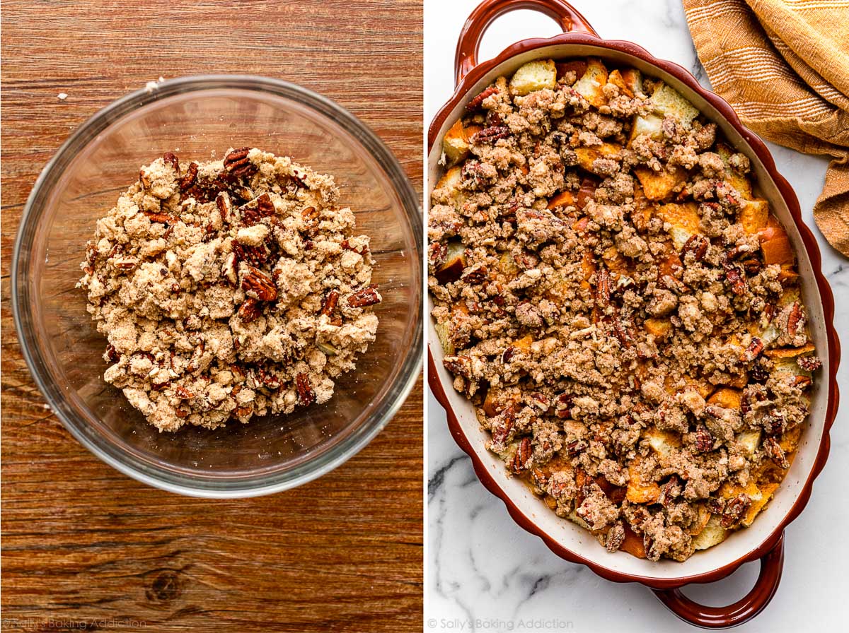 brown sugar crumb topping with pecans shown in bowl and on casserole