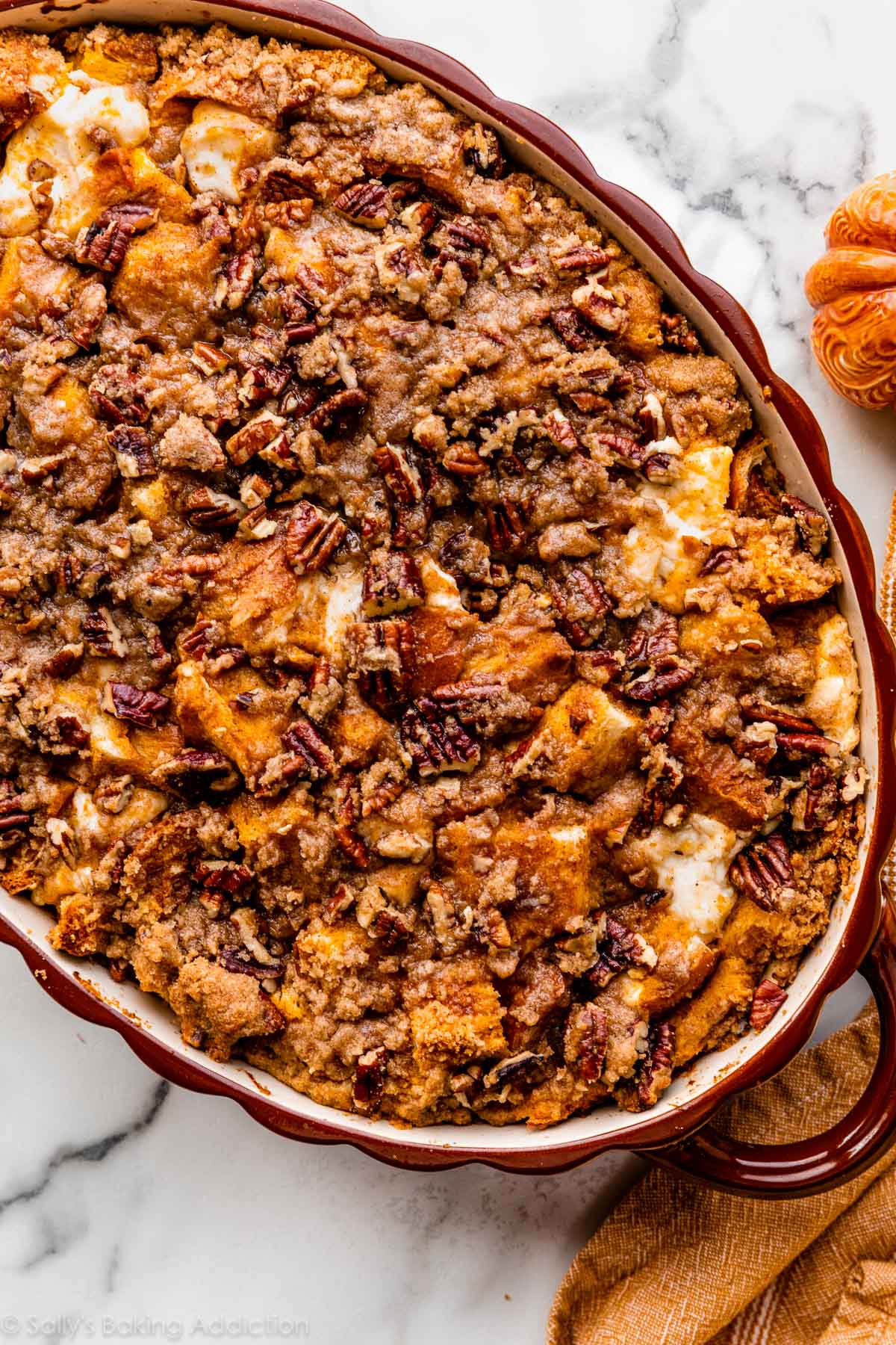 pumpkin and cream cheese French toast casserole with pecans
