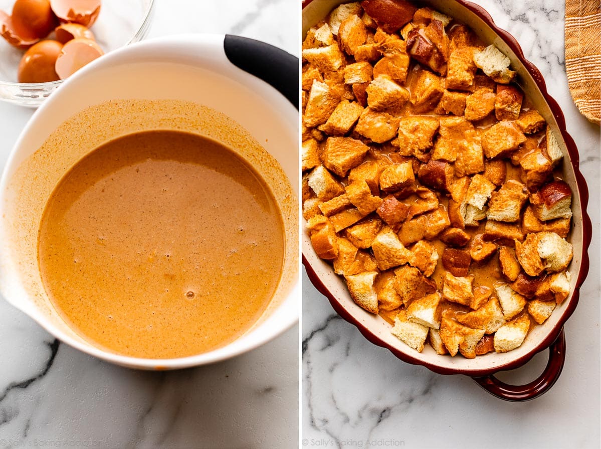 pumpkin custard mixture shown in mixing bowl and poured over bread