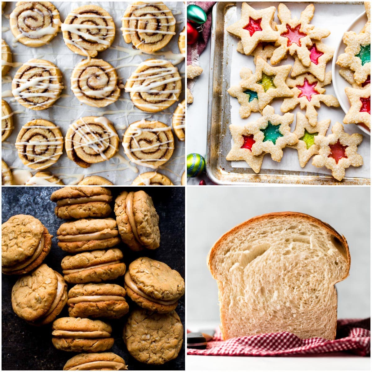 collage photo of baking recipes including cinnamon roll cookies, peanut butter sandwich cookies, and sandwich bread