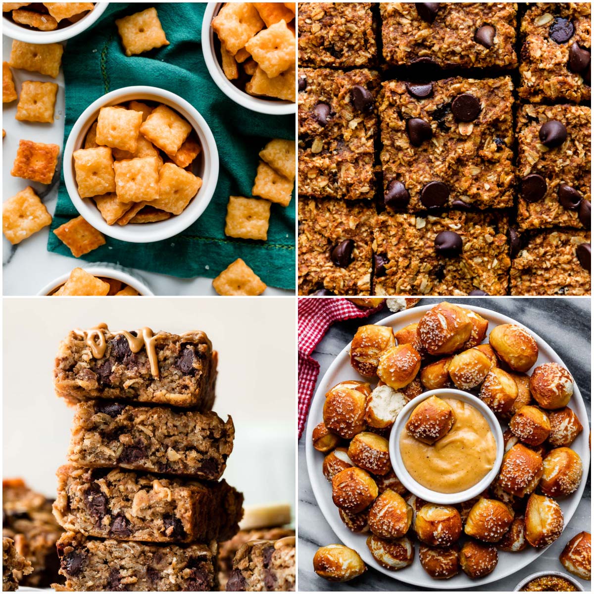 collage of snack pictures including soft pretzel bites, cheese crackers, and banana oatmeal bars