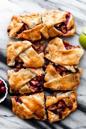 cranberry apple slab pie cut into 8 pieces