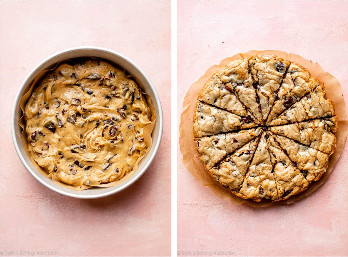 blondies before and after baking in a cake pan