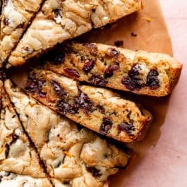 triangle shaped blondies with dark chocolate and dried cranberries