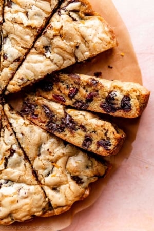 triangle shaped blondies with dark chocolate and dried cranberries