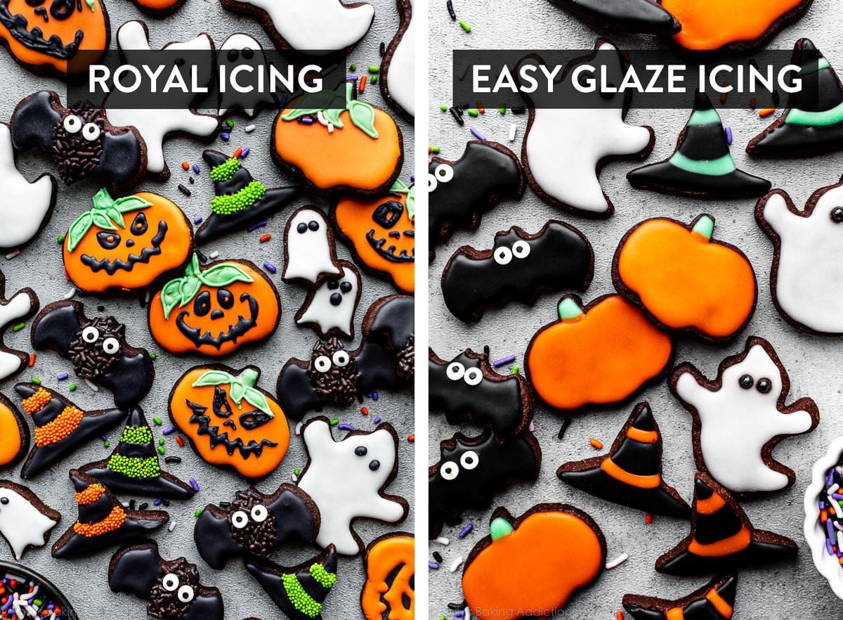 decorated cookies for Halloween using two different types of icing