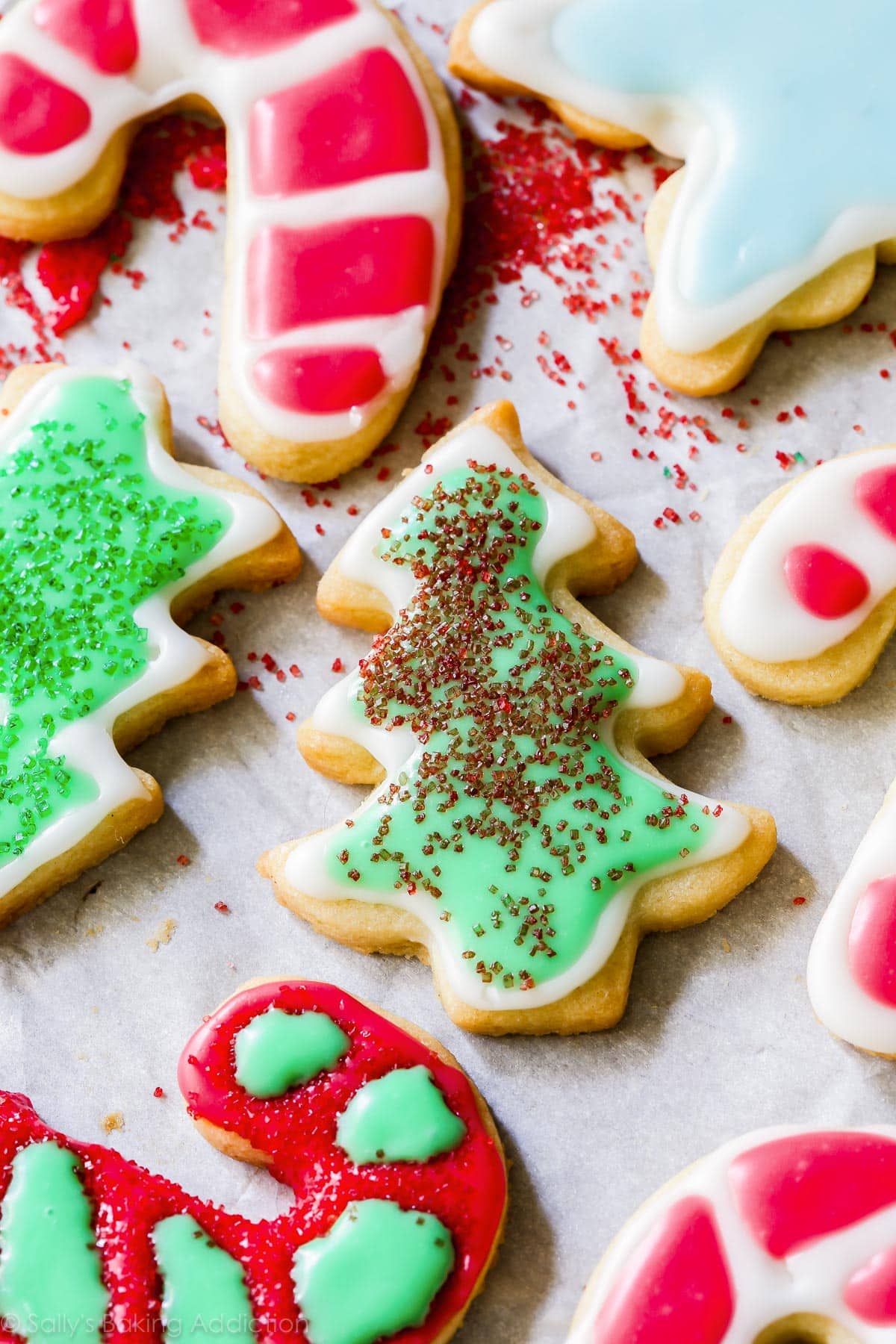 Christmas cookies with cookie icing and sprinkles