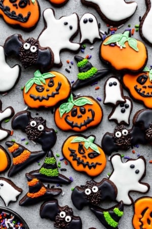 Halloween chocolate sugar cookies decorated with royal icing