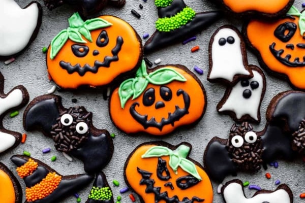 Halloween chocolate sugar cookies decorated with royal icing