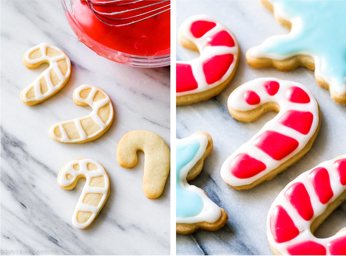 candy cane Christmas cookies with red and white icing