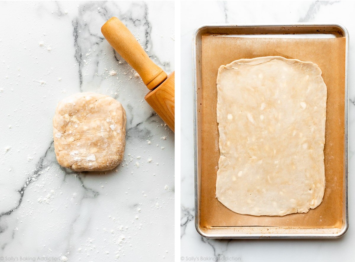 pie dough before and after rolling out on a baking sheet