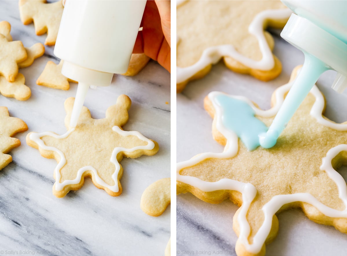 decorating snowflake Christmas cookies with squeeze bottle and icing