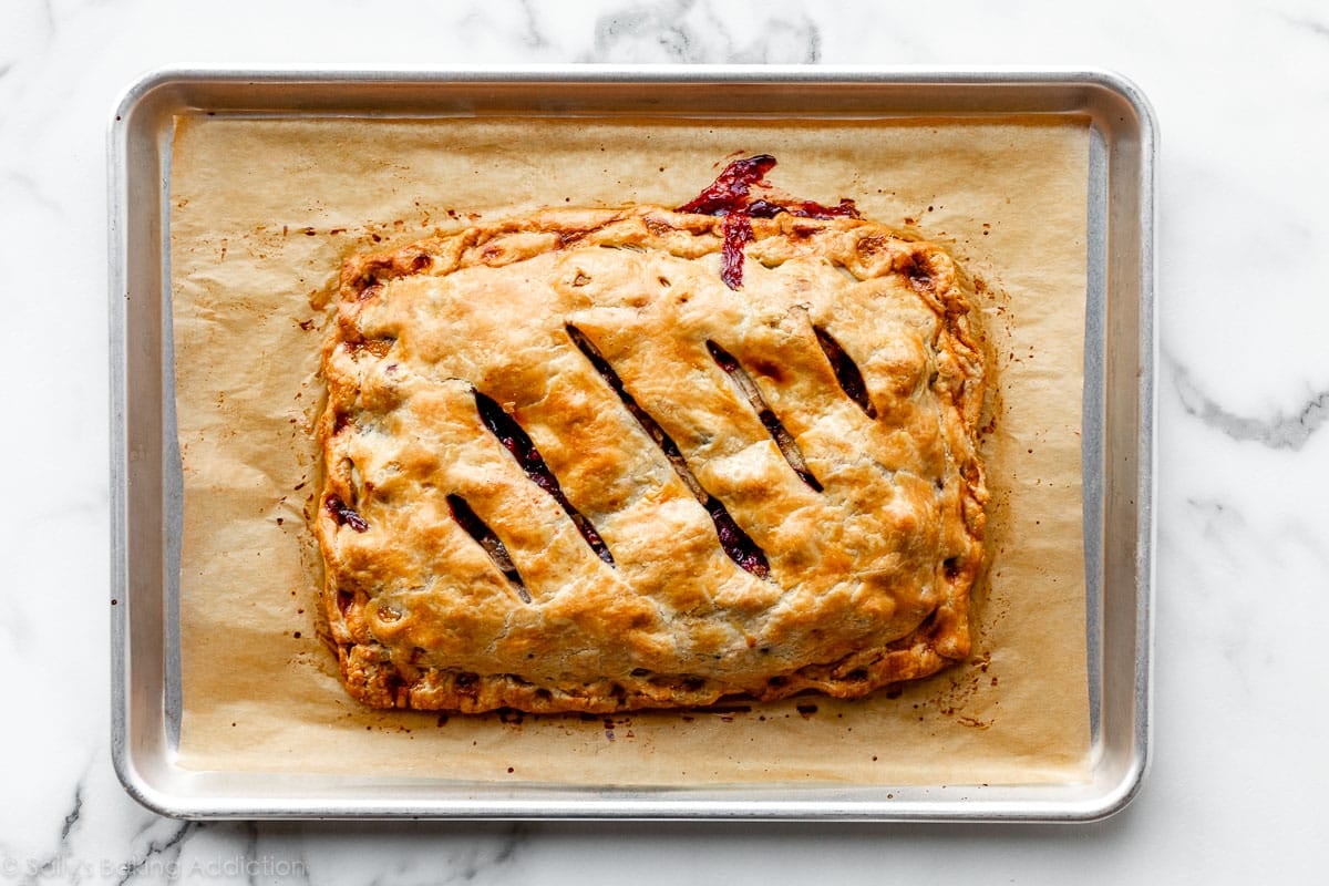 baked slab pie on baking sheet