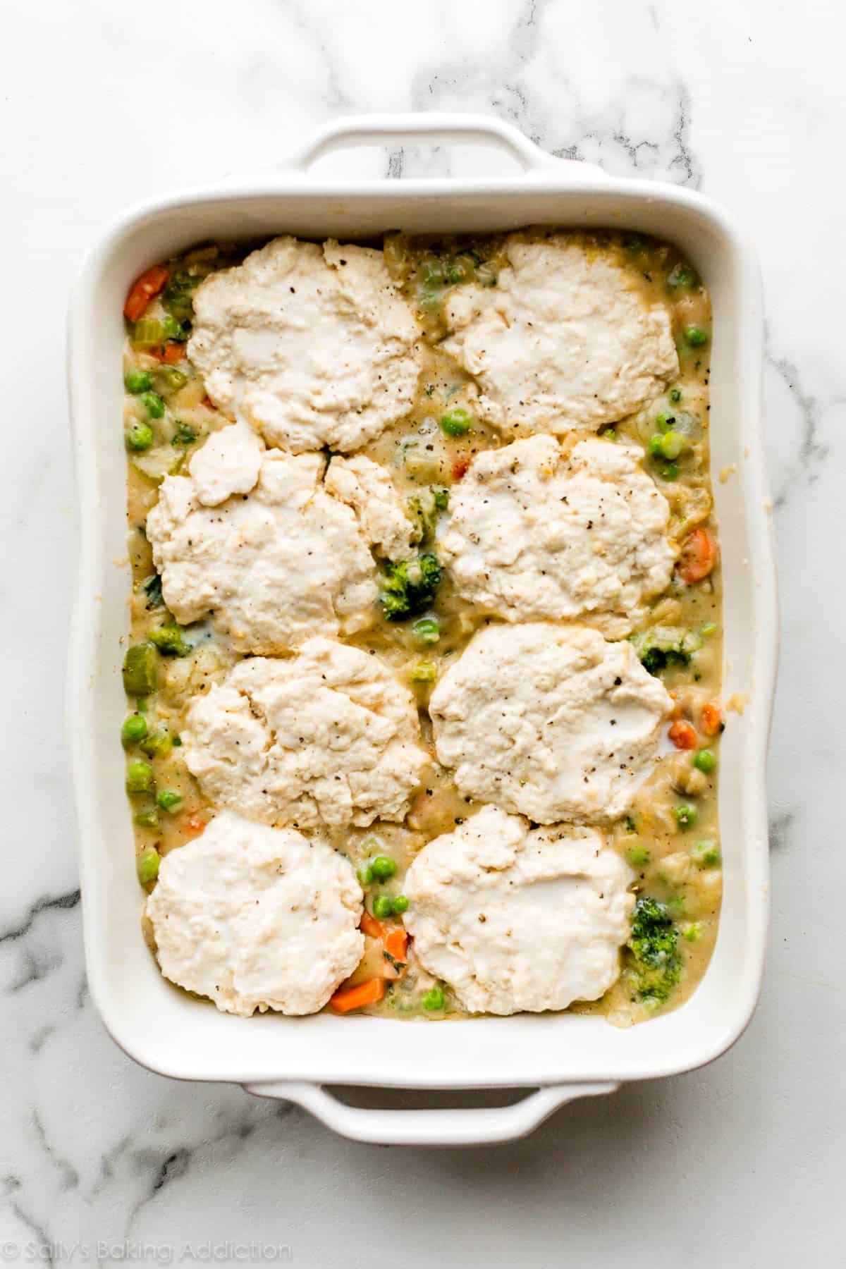 vegetable pot pie with biscuit topping before baking