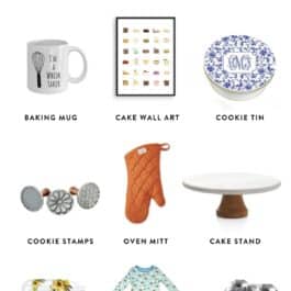 graphic displaying gift ideas for a baker including a cookie tin, cake wall art, cake stand, oven mitt, and more.