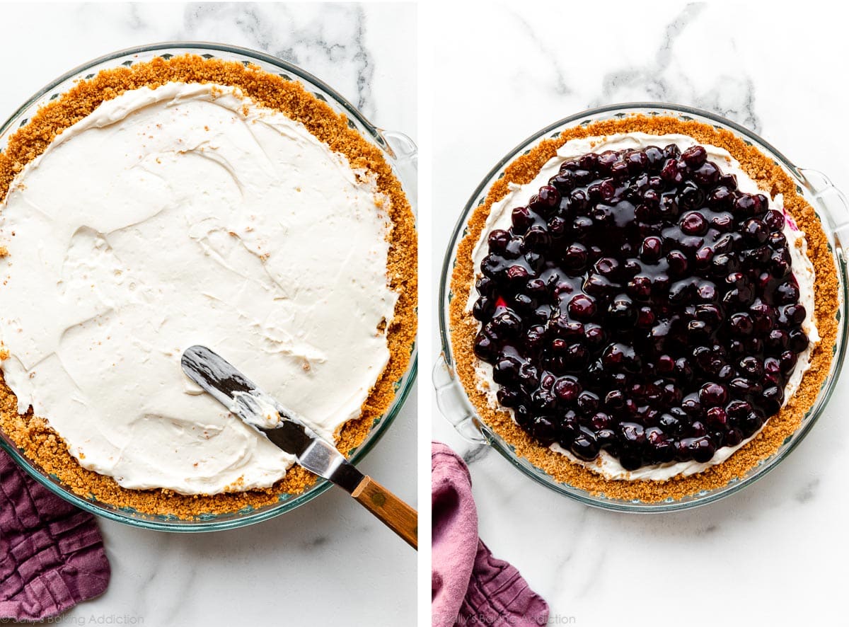 assembling the layers of blueberry cream pie