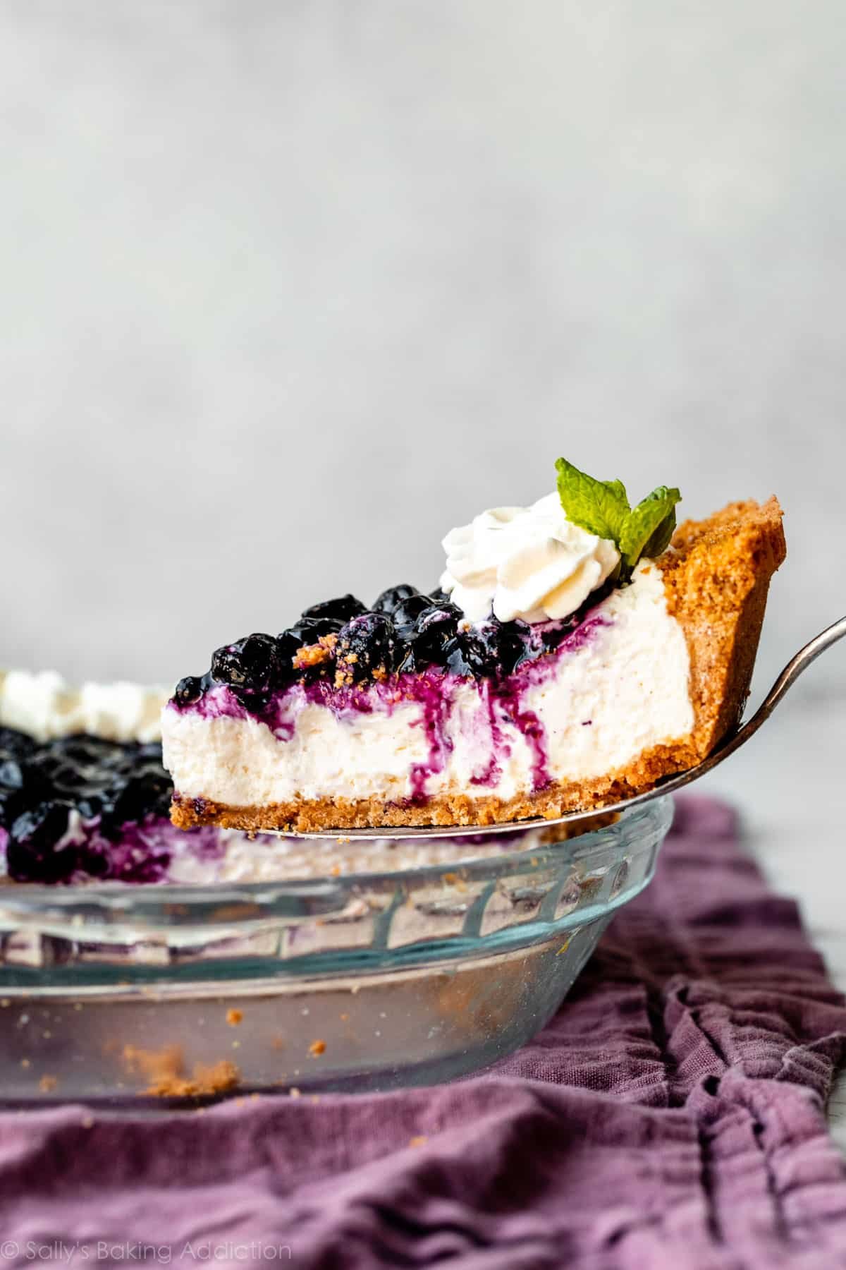 slice of blueberry cream pie with graham cracker crust